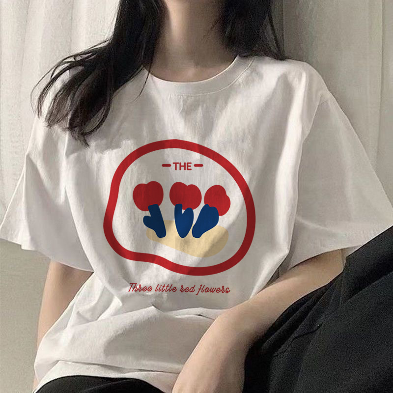 冰凉冰丝t恤港风ins三朵红花圆领短袖T恤男女休闲情侣装宽松型详情16