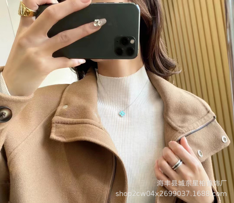 新款纯银925圣诞限定蓝色四叶草单钻18K金薄荷绿幸运草项链锁骨链详情8