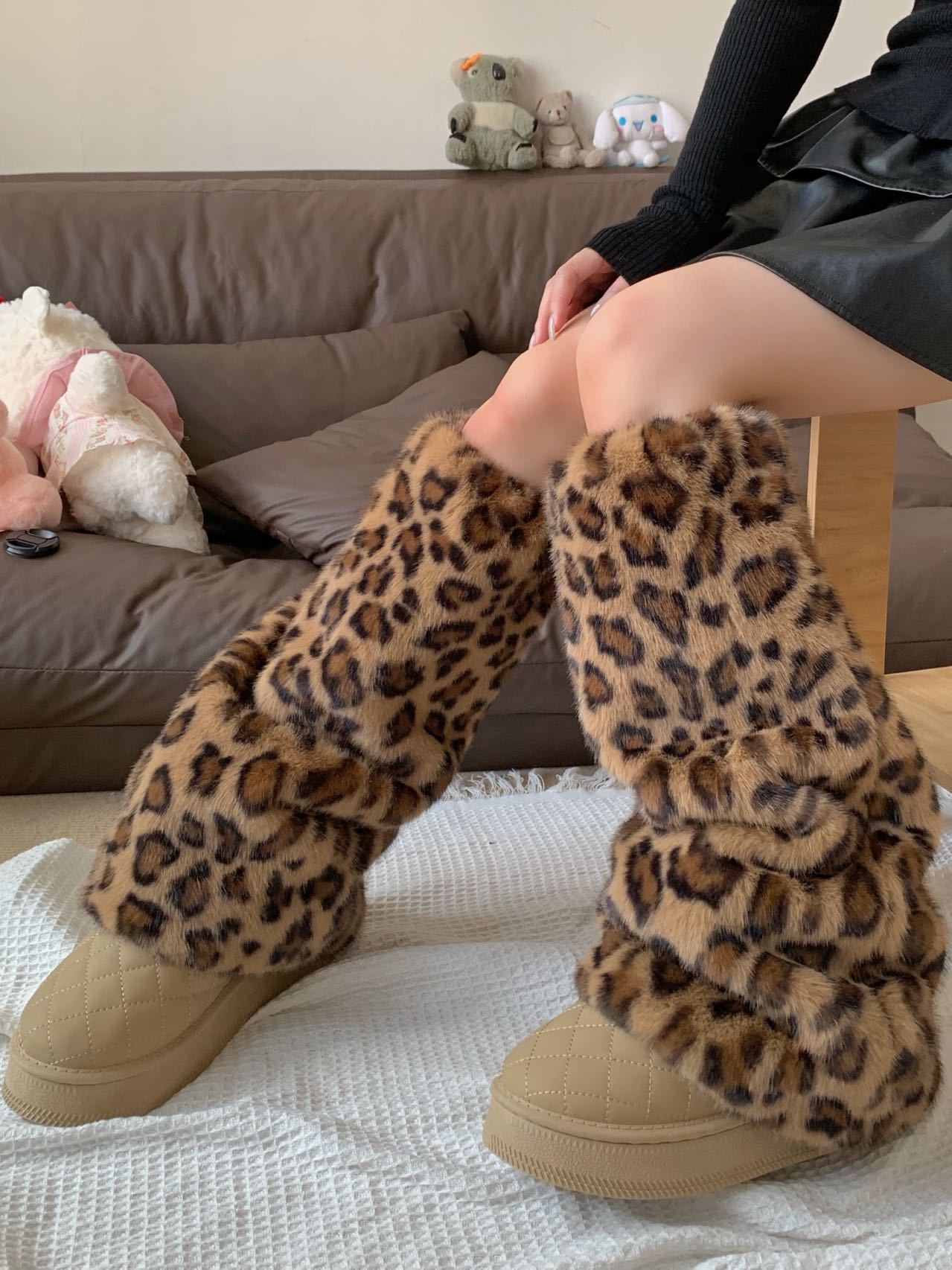 秋冬保暖加厚袜套阔腿豹纹靴套ins咖棕色毛毛绒JK腿套毛茸辣妹女详情9