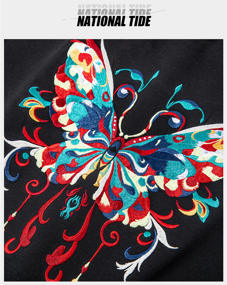 2025 New national trend short-sleeved T-shirt with butterfly embroidery, Chinese style, round neck, pure cotton loose, heavy half-sleeve pic 9