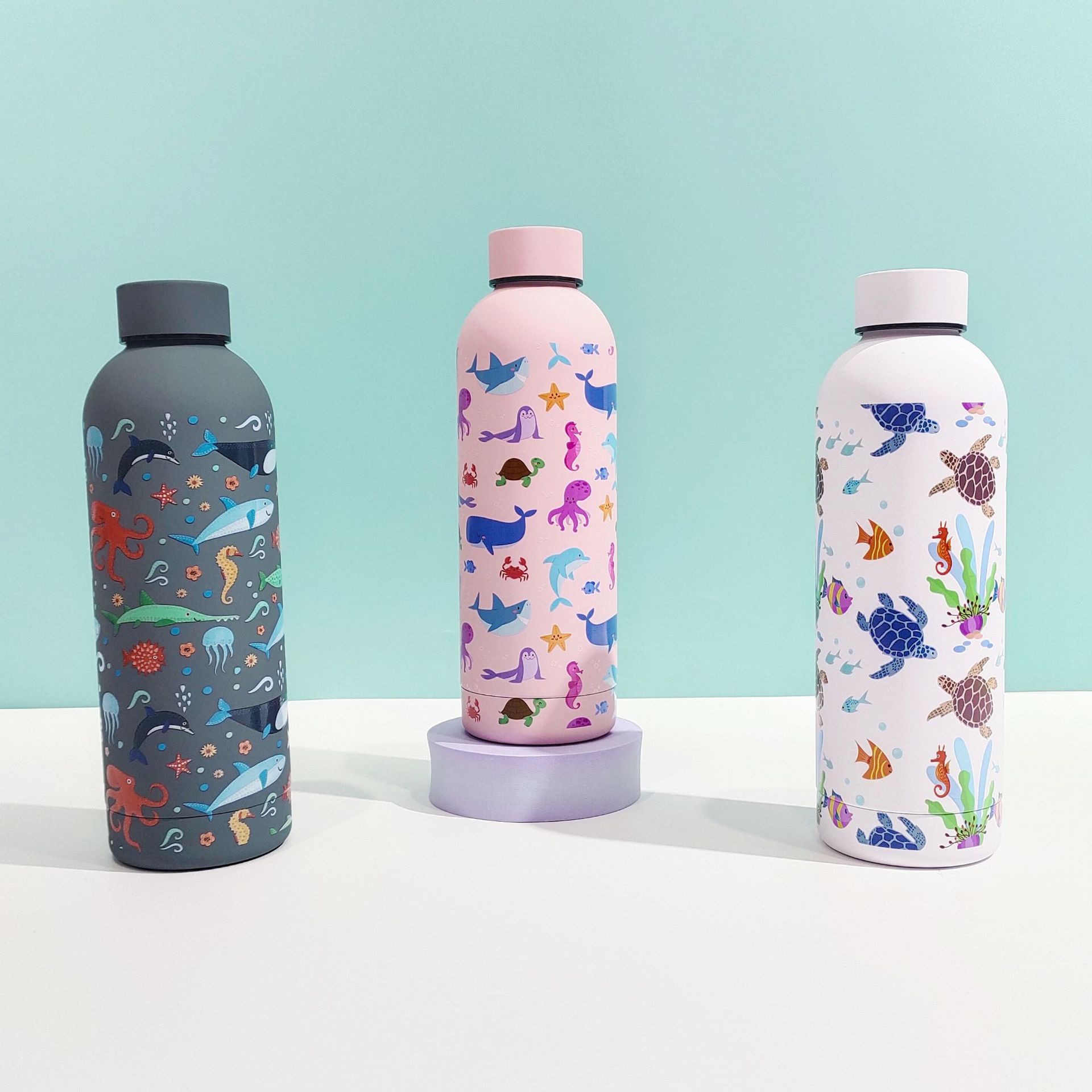 外贸新款不锈钢小口瓶保温杯海洋精美图案户外便携式美式运动水瓶详情5