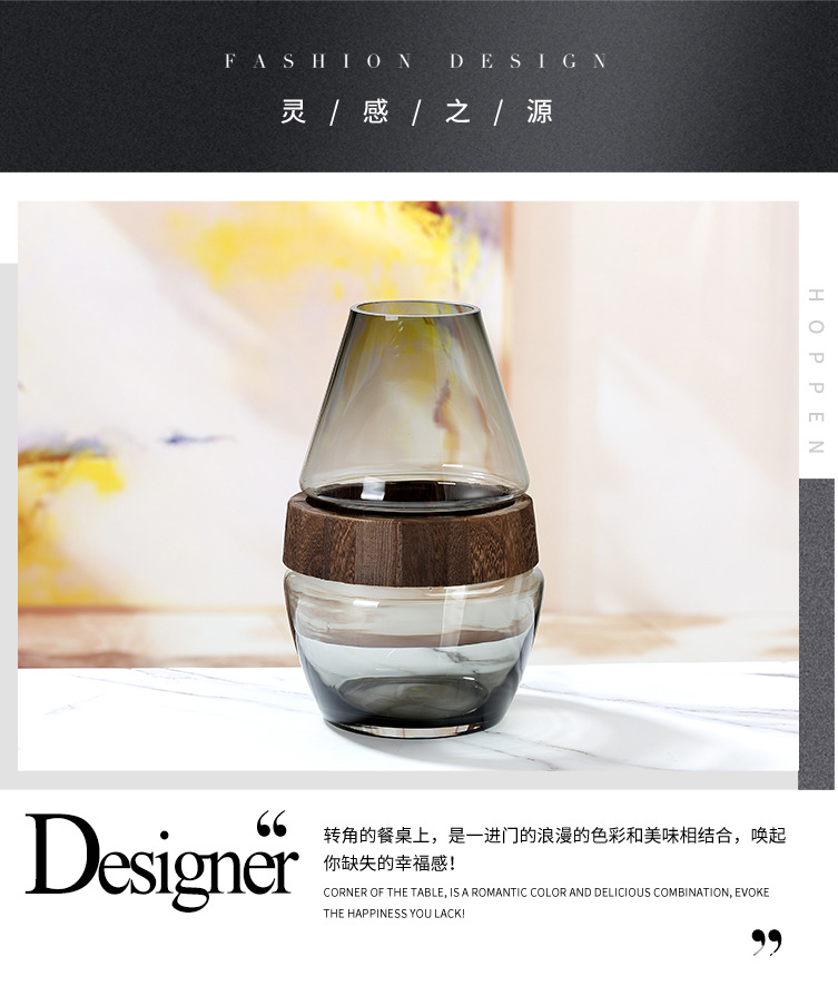 北欧 ins轻奢客厅插花瓶木墩木腰大肚小口原色灰色高级感玻璃花瓶详情2