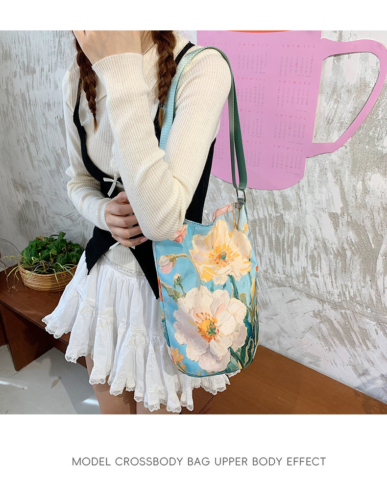 大容量国风印花水桶包女创意花卉个性手提单肩包设计感休闲斜挎包详情25