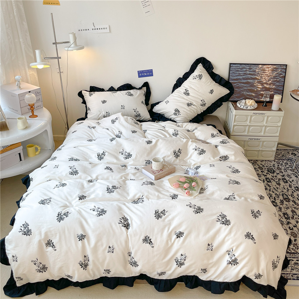 French Hepburn style pure cotton four-piece set, high-end feel, pure cotton black and white sketch flower duvet cover, all-cotton edge bedding pic 45