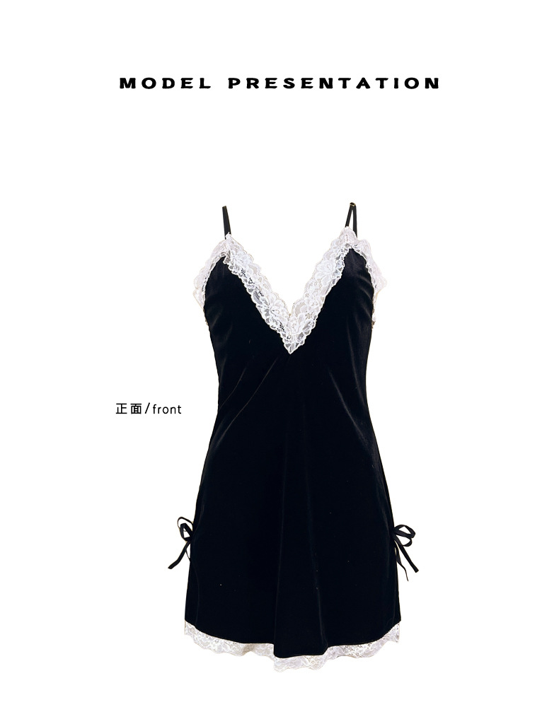 European and American cross-border velvet lace patchwork halter nightgown, deep V backless slit short skirt, sexy home pajamas 1187 pic 13