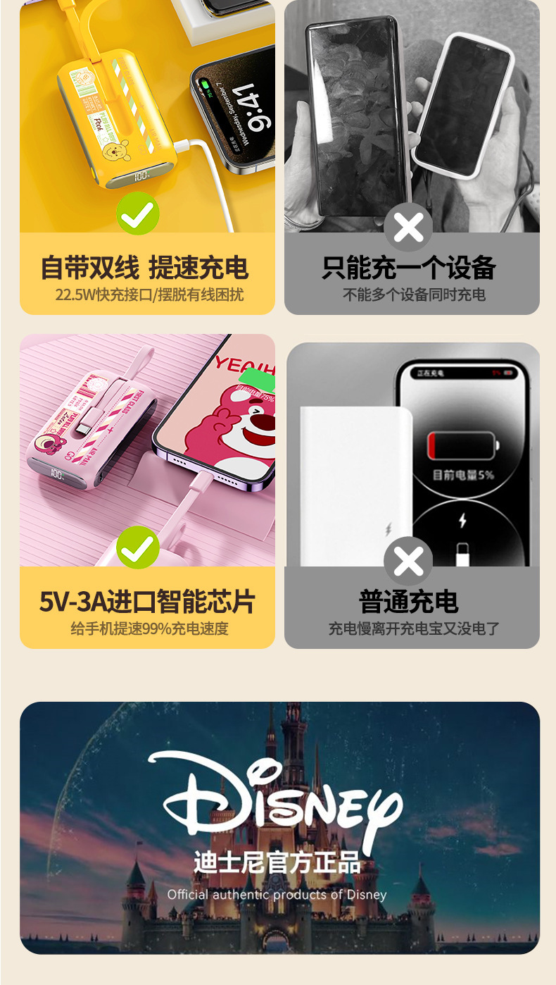 正版草莓熊22.5w新款超级快充充电宝小巧便携自带线移动电工厂批发价格详情2