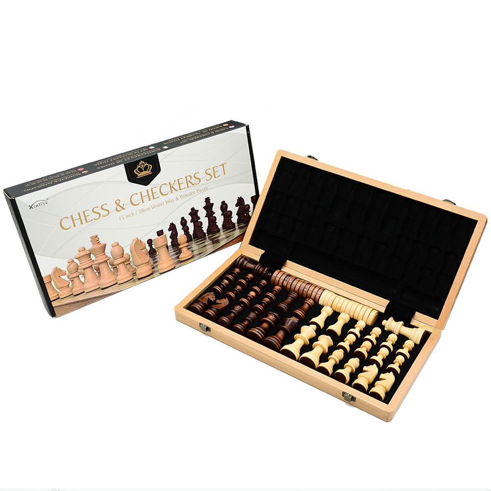 Two-in-one international chess checkers wooden board game toys with double back, non-magnetic for export pic 21