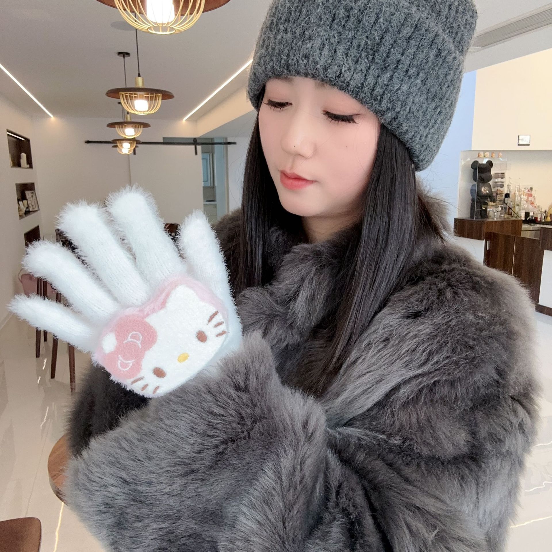 新年圣诞红色保暖手套冬季可爱kt猫咪学生骑行加厚美甲分指手套女详情17