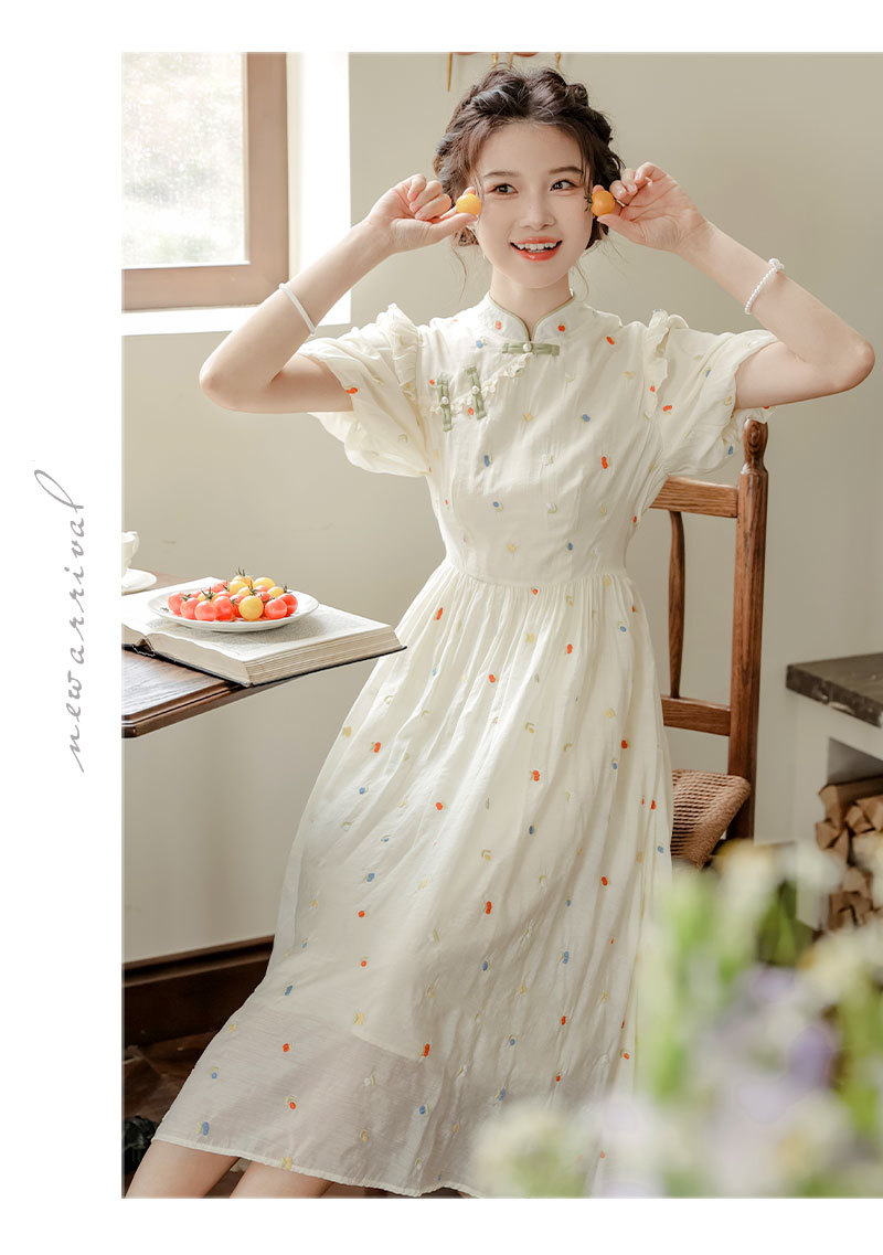 Improved cheongsam, new Chinese-style retro button-up, petite puffed-sleeve dress for women, summer long dress for export pic 20