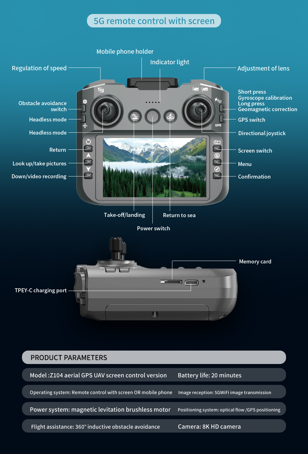 Z104 drone GPS return high-definition aerial photography aircraft with screen remote control obstacle avoidance, electrically adjustable remote control aircraft toy pic 22