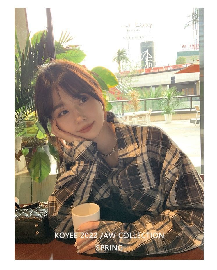 慵懒雅痞调调衬衫须须边短款格子衬衫女夏秋韩版宽松长袖衬衣女详情4