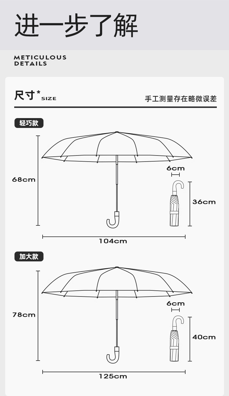 严选 全自动20骨黑胶木柄弯勾伞广告伞 防晒折叠晴雨伞定 制logo详情19