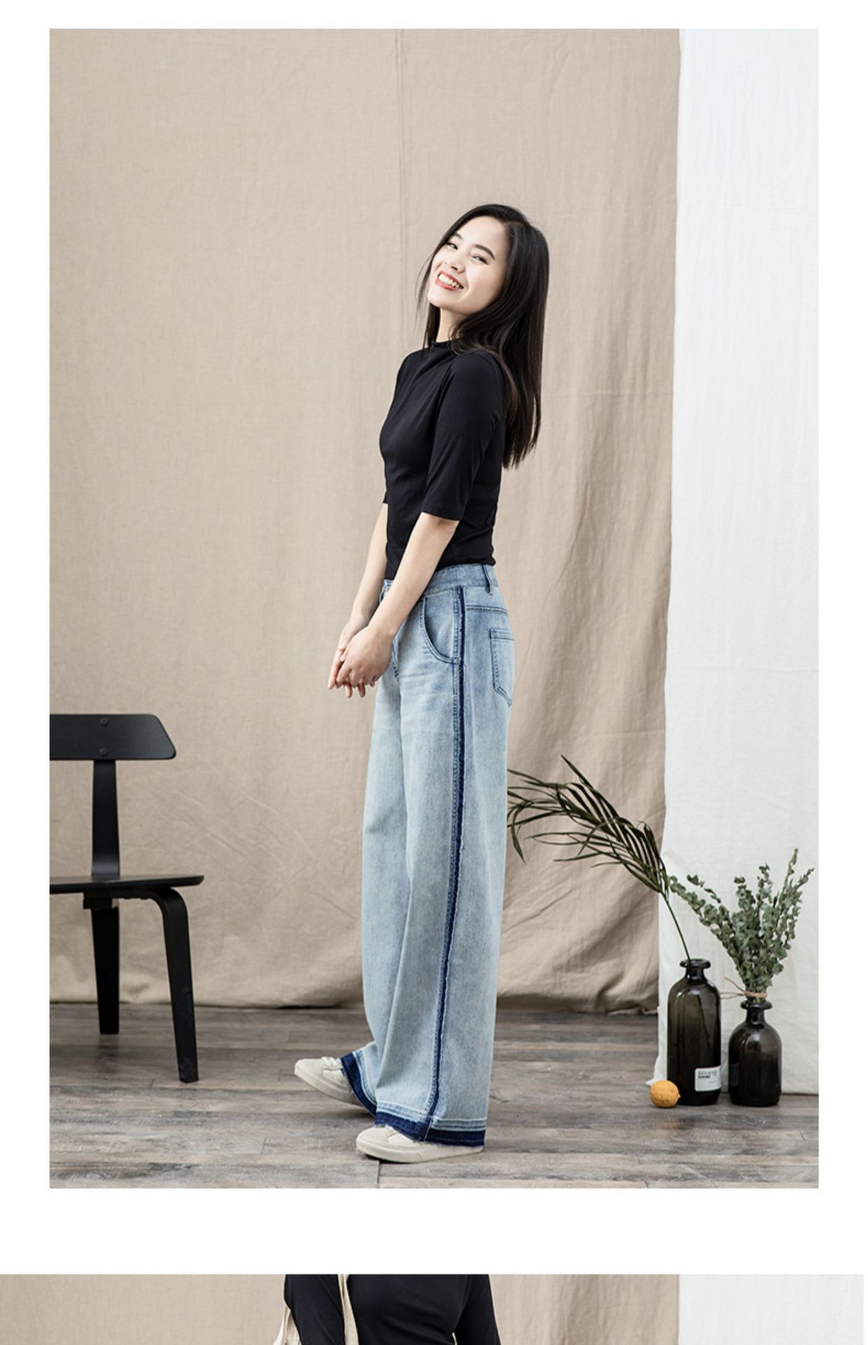 撞色直筒牛仔裤女2025春季新款毛边复古宽松休闲阔腿腿长详情2