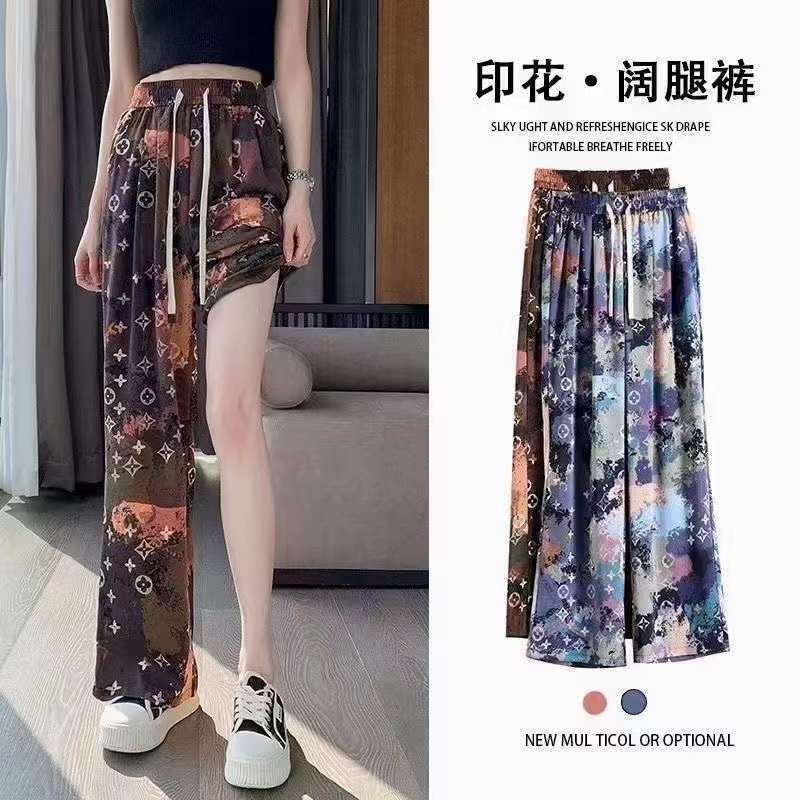 国潮-印花水墨国风冰丝阔腿裤女夏季高腰显瘦山本裤宽松直筒休闲遛弯裤详情7