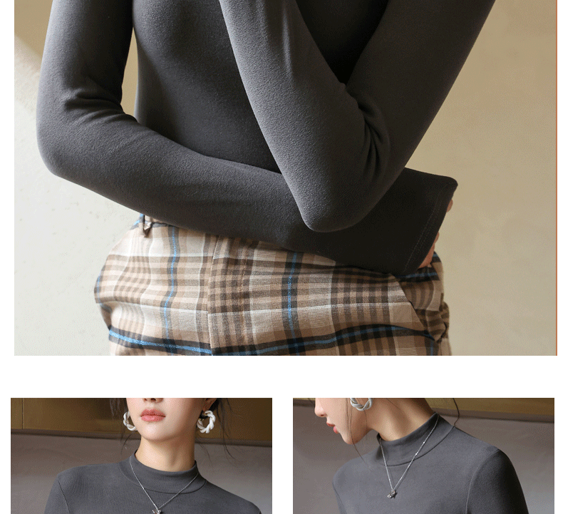 A semi-high-necked fleece base layer for women to wear as an inner layer in autumn and winter. It is a long-sleeved mid-necked solid color fitted base layer pic 23
