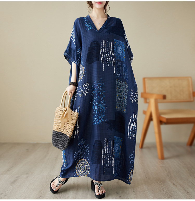 夏季v领薄棉麻大码宽松文艺度假风沙滩裙复古遮肉长款袍子连衣裙详情15