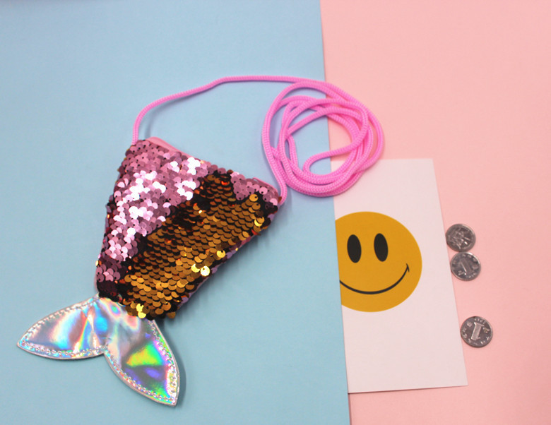 亮片美人鱼挂绳硬币包小钱包儿童斜跨小包鱼尾巴双色亮片零钱包女详情15