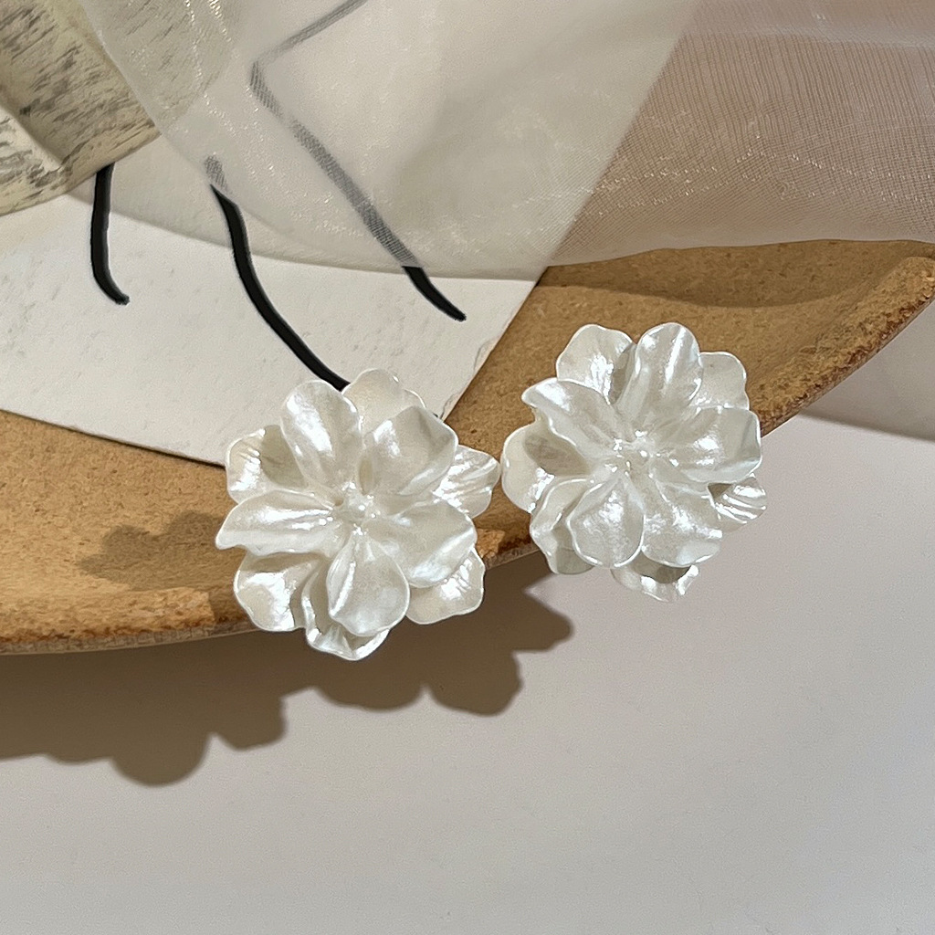 White pearl flower 925 silver needle camellia stud earrings, elegant and ethereal forest-style earrings, photo accessories pic 6