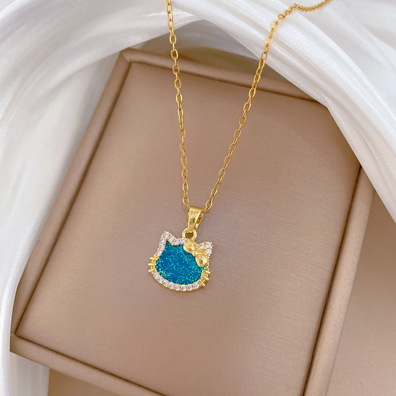 【钛钢】炫彩蝴蝶结猫咪轻奢气质华丽满钻项链女百搭锁骨钛钢链详情13