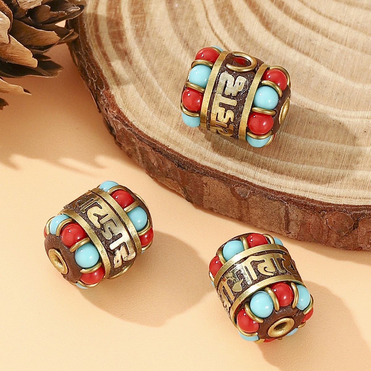 Tibetan-nepalese brass handcrafted beads, retro ethnic style DIY jewelry, with partition beads and bucket beads set with red and blue turquoise pic 2