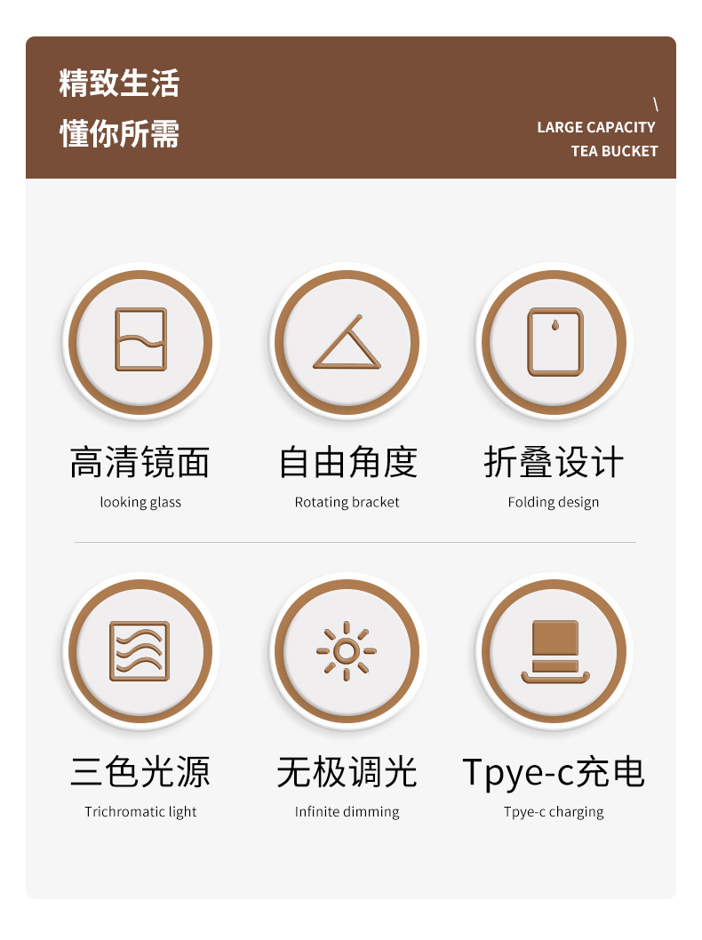 led化妆镜便携镜子可折叠带灯梳妆镜台式桌面补光宿舍镜子详情2