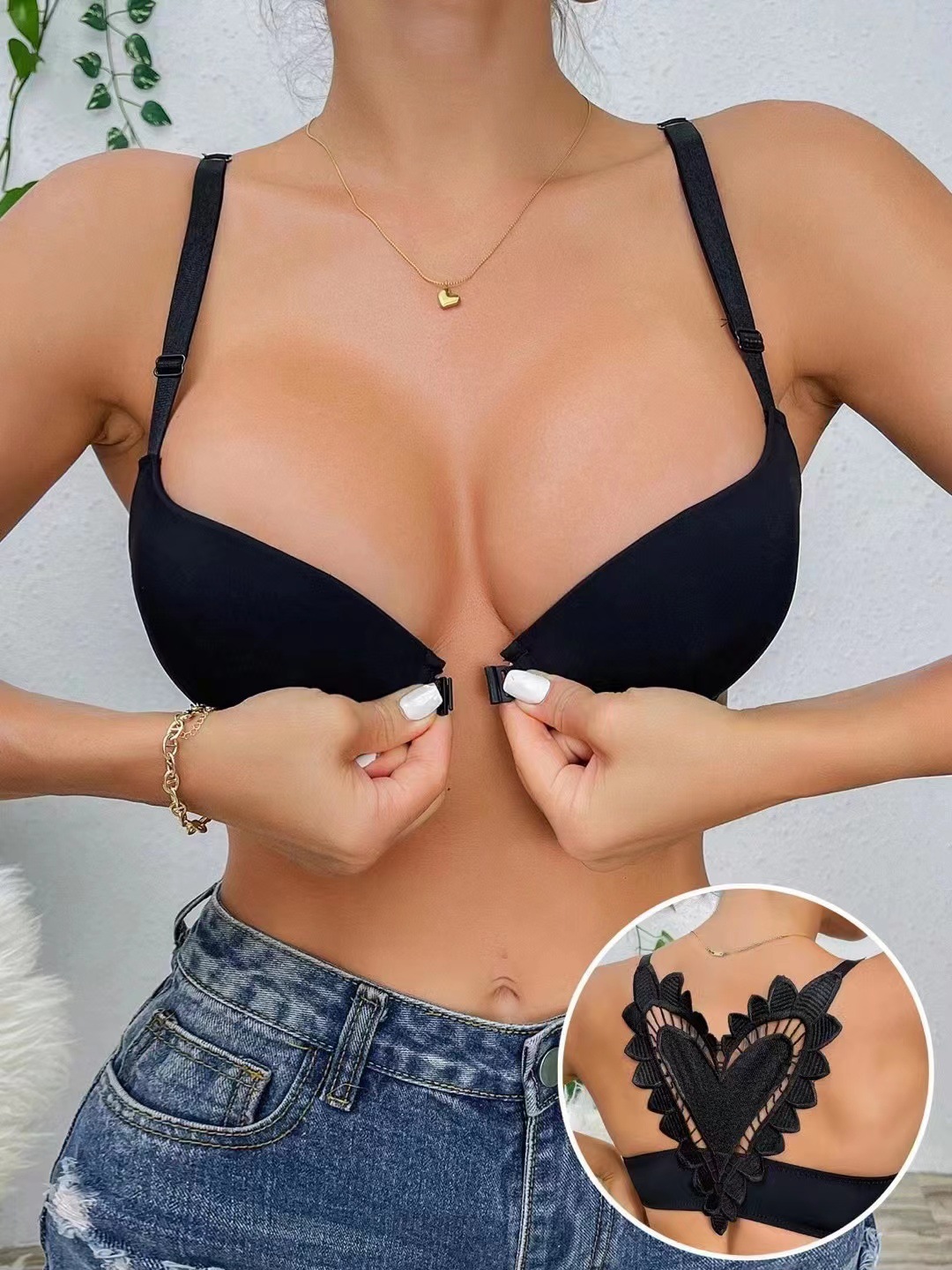 时尚欧美跨境性感前扣聚拢女士内衣性感挂脖美背水溶花爱心文胸详情1