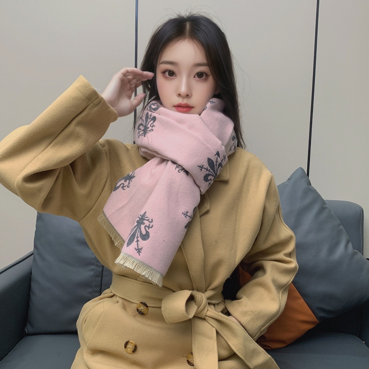 围巾女冬季欧美风格佛罗伦萨鸢尾花披肩加厚百搭双面保暖围脖保暖详情22