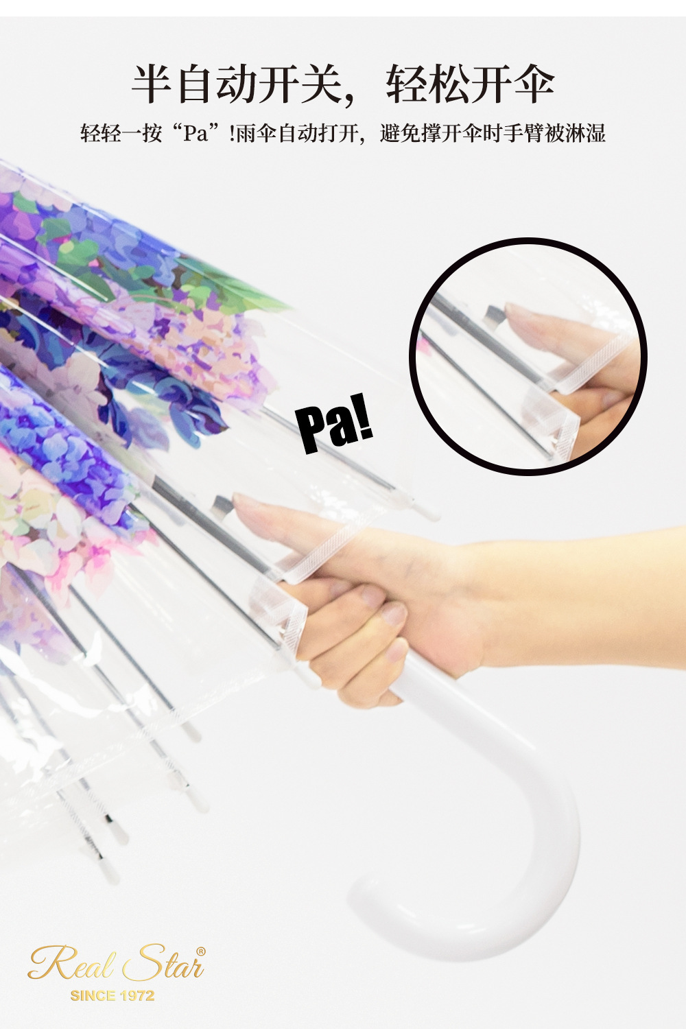 25年星宝新款成人透明伞绣球花彩色图案拱形雨伞数码印日韩清新详情12