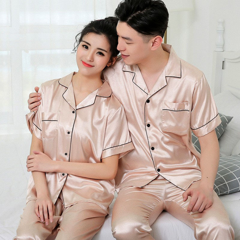A wholesale set of short-sleeved couple pajamas for spring and autumn, featuring solid ice silk color faux silk for both men and women, can be worn as outerwear for home wear pic 4