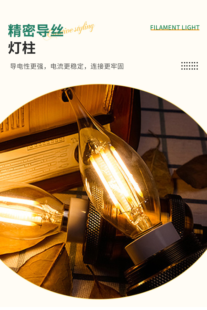 跨境爱迪生led灯丝灯泡e27螺口透明玻璃复古e14客厅节能照明球泡详情5