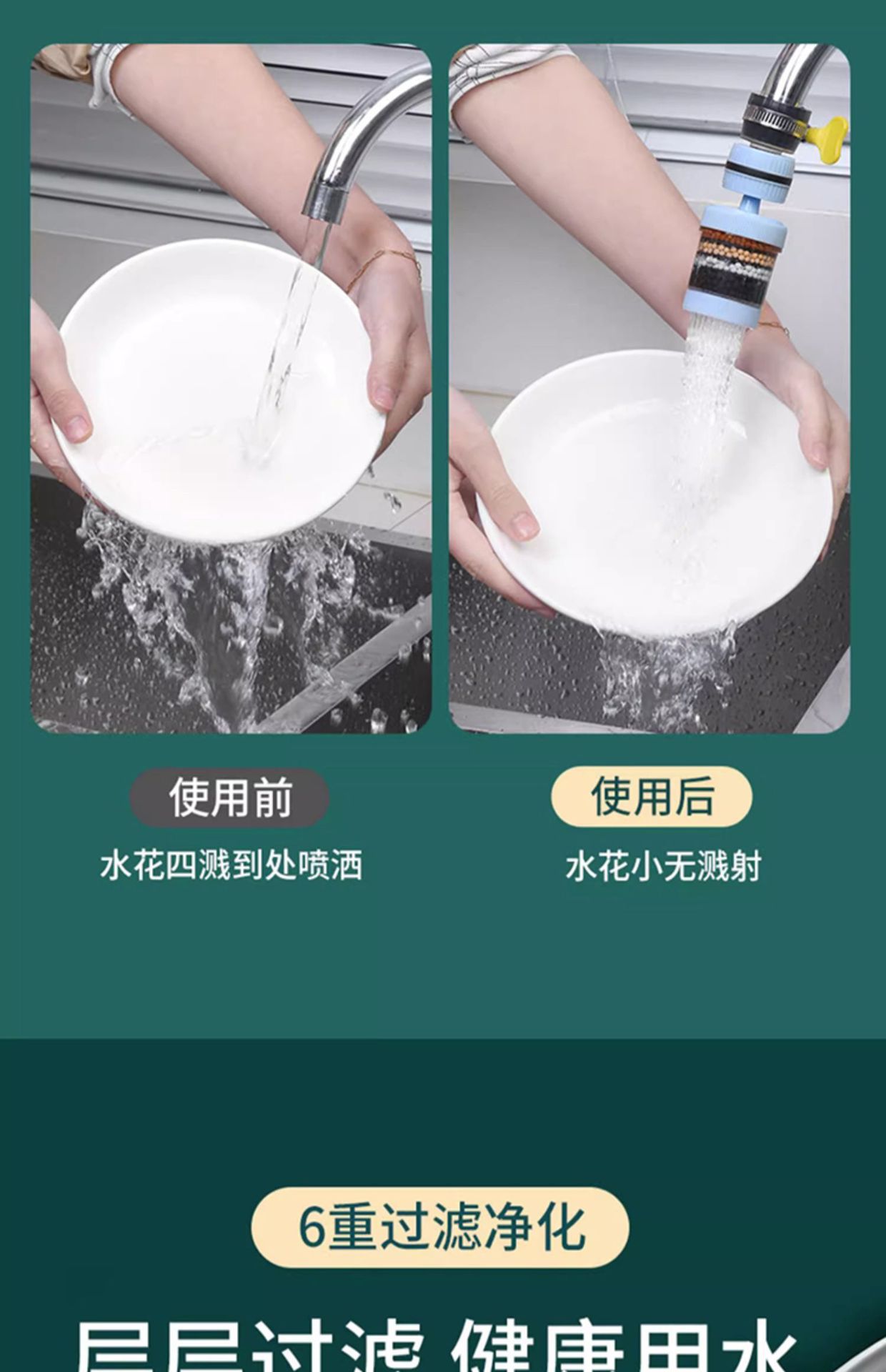 水龙头过滤器通用防溅嘴厨房净水神器家用自来水净化花洒增压滤芯详情7
