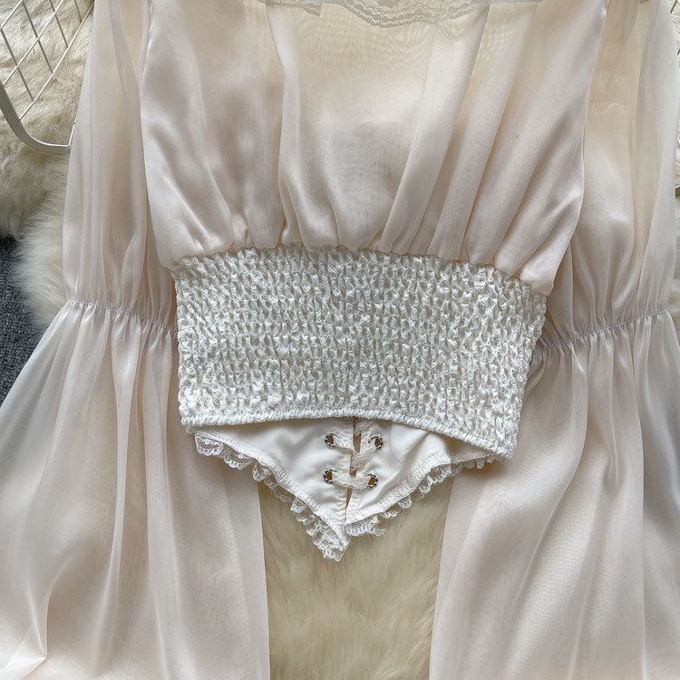 French court-style lantern long-sleeved shirt for women, fashionable high-end chiffon shirt, sweet lace patchwork mesh top, trendy pic 11