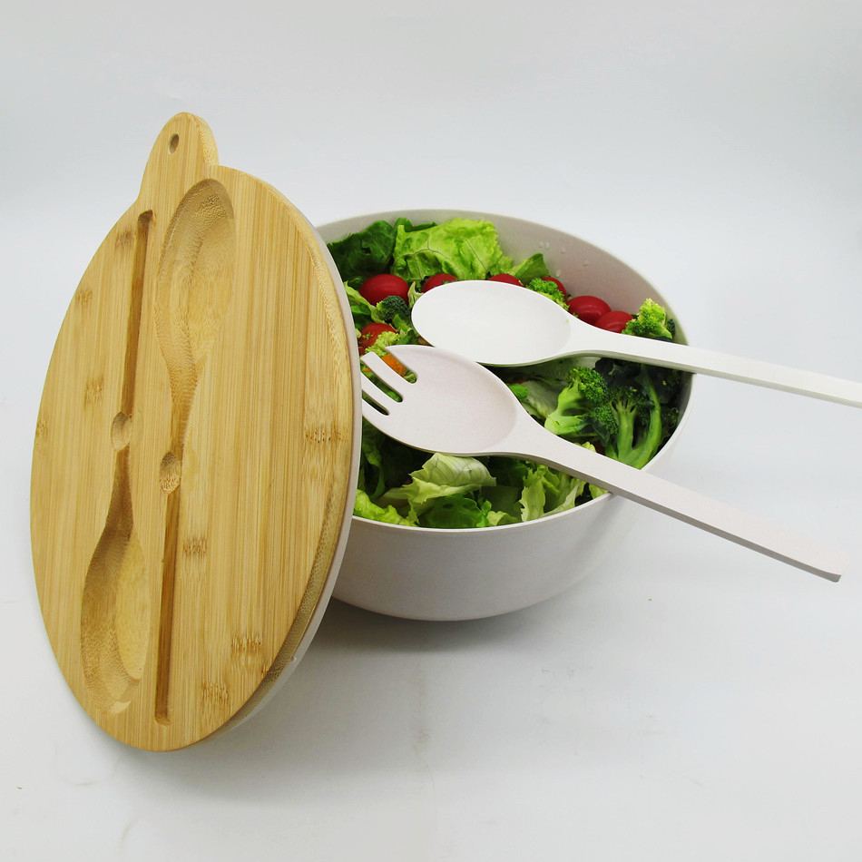 Three sets of bamboo fiber salad bowls, large, medium and small, with bamboo LIDS for fruit and vegetable salad snacks pic 9