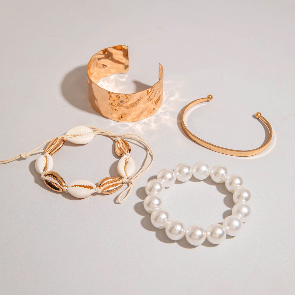 欧美跨境新款多层线条缠绕几何开口手镯套装朋克风波浪形串珠手链详情45