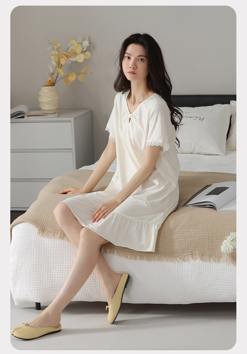 A light short-sleeved casual summer dress with a chest cushion for women. It can be worn as a mid-length skirt. It is made of modal cotton for summer home wear pic 19