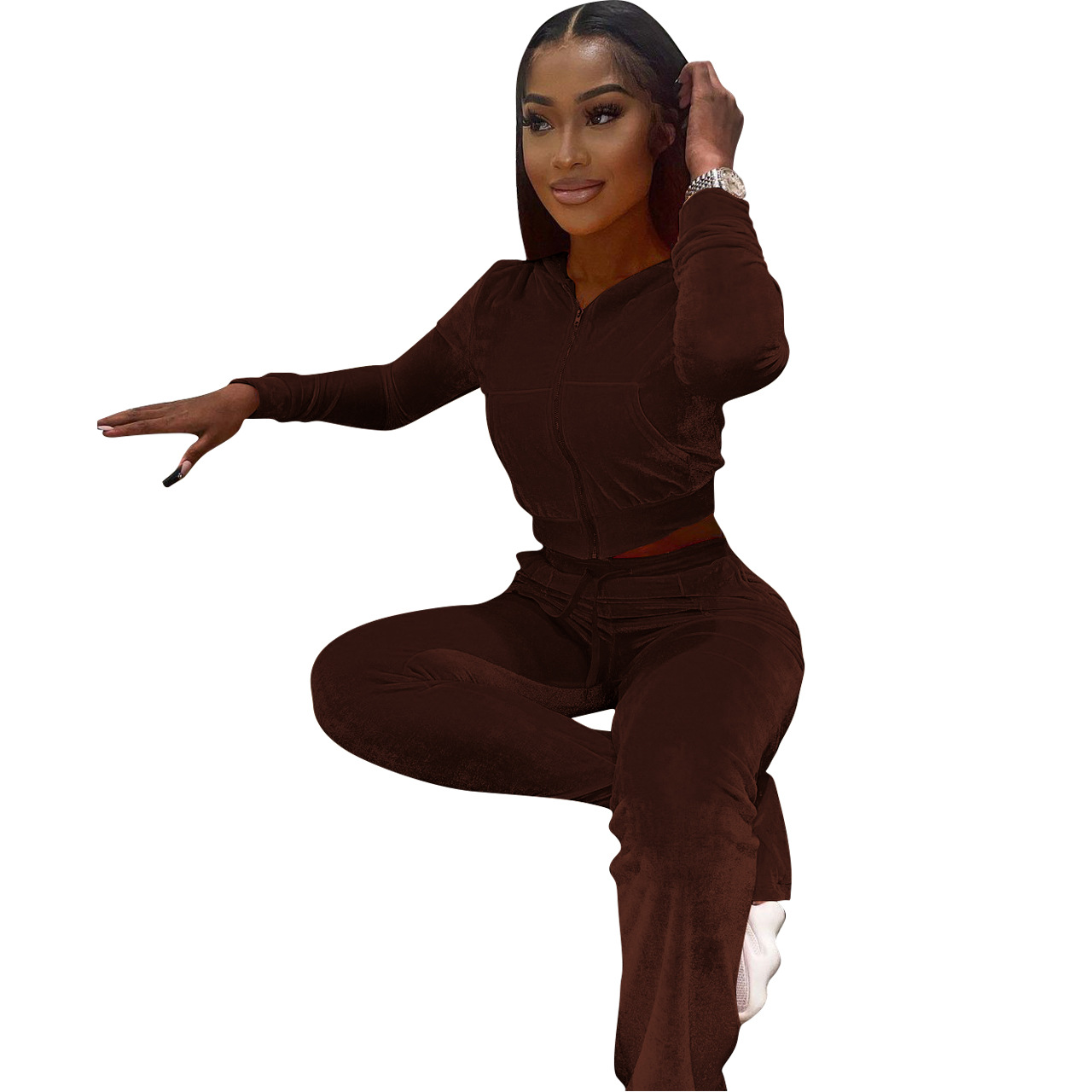 Solid color gold velvet wide-leg pants two-piece set pic 178