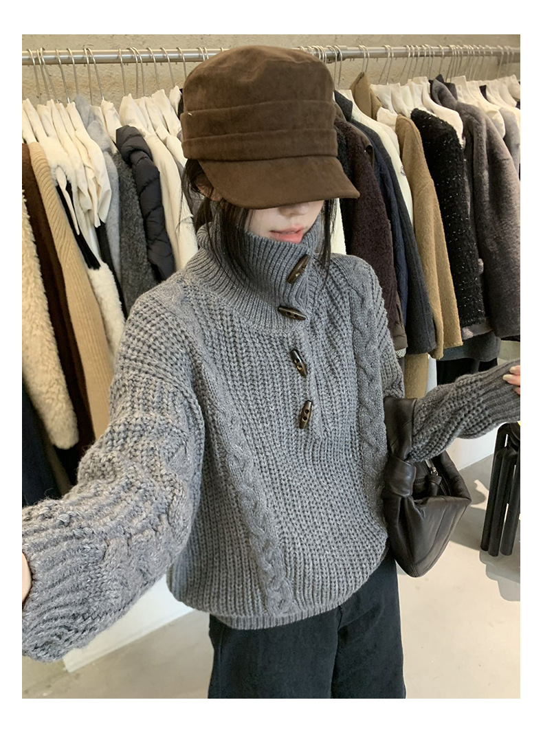 Winter new style horn buttoned lapel wool sweater, gentle and loose knitted sweater, sweater, sweater, sweater, sweater pic 22