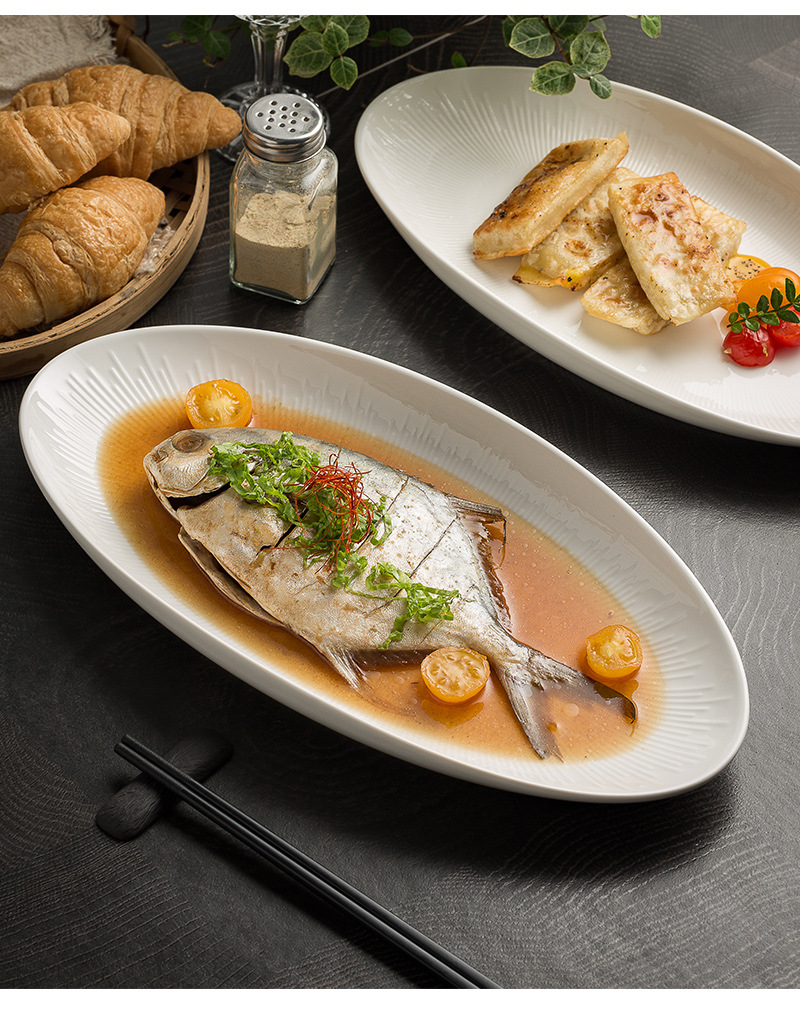 White porcelain high-end fish plate, restaurant cold dish plate, dain-shaped arrangement plate, hotel seafood plate, home high-temperature resistant steamed fish plate pic 12
