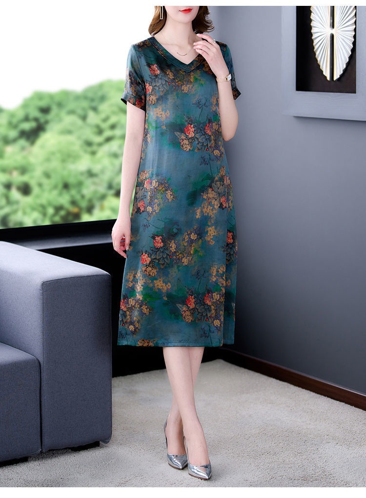 重磅真丝连衣裙女2024夏装新款宽松阔太太中老年妈妈装桑蚕丝裙子详情13