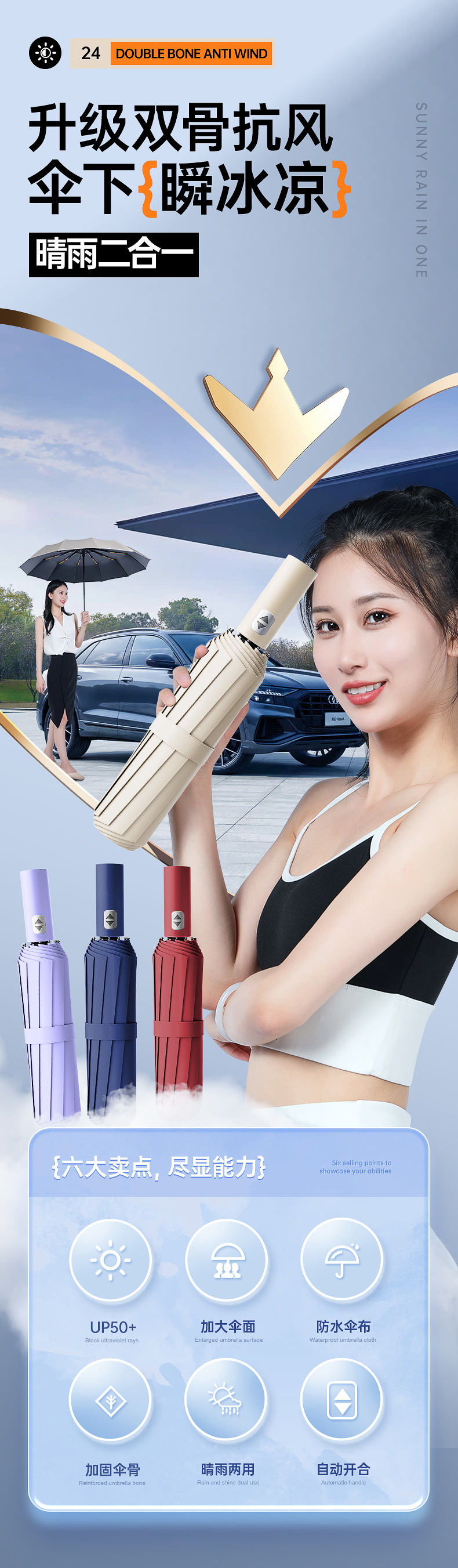 24-bone automatic umbrella for men, extra-large double umbrella, folding, suitable for both weather and rain, household, fully automatic, special umbrella for heavy rain pic 3