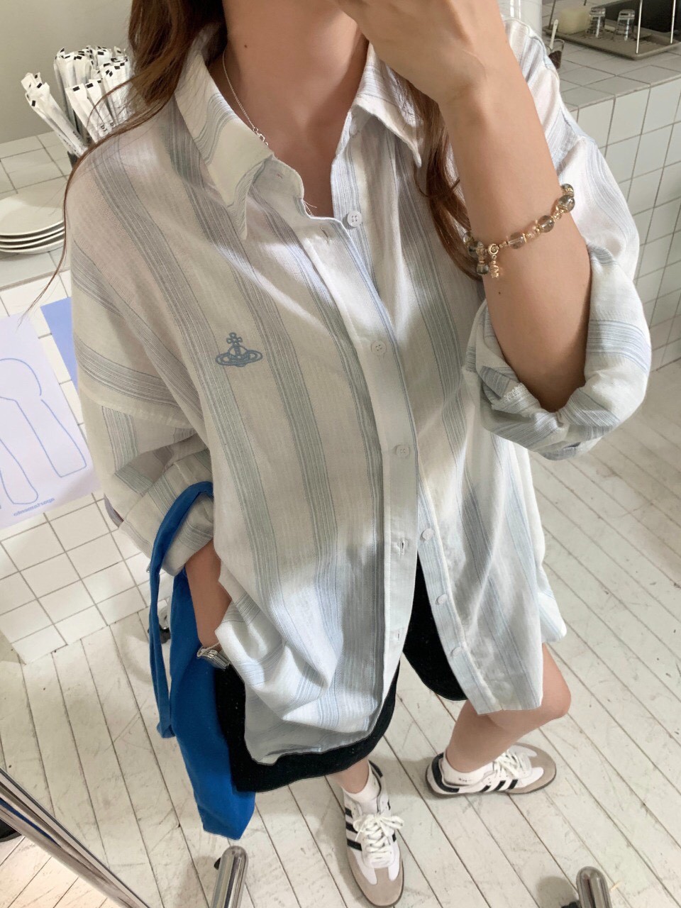 西太后亚麻衬衫土星刺绣竖条纹防晒衬衫女中长款宽松显瘦韩版衬衣详情10