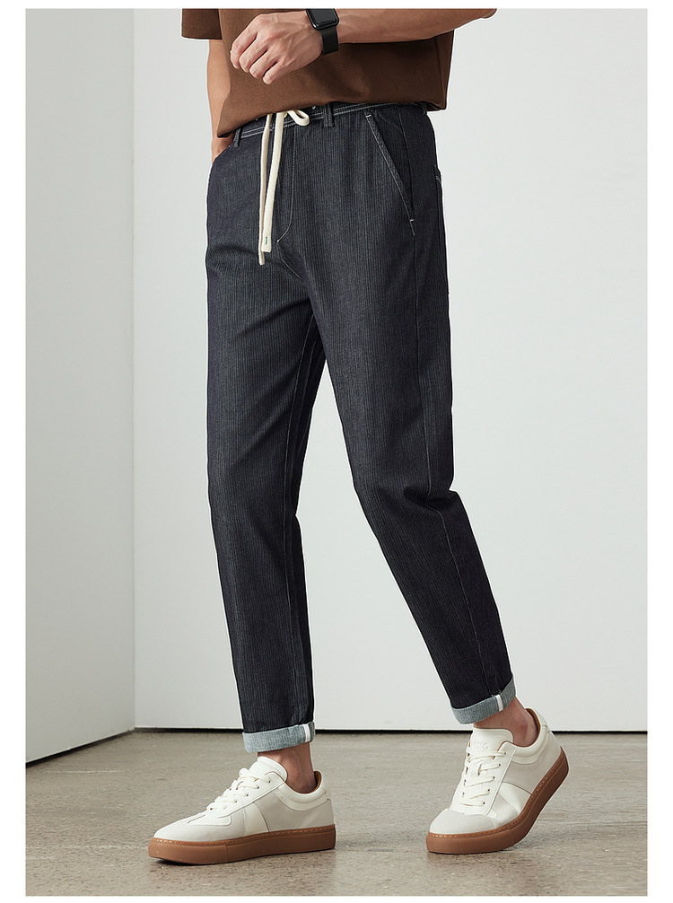 WOOG2005辑明线黑色水洗牛仔裤男2025夏季新款百搭抽绳直筒长裤子详情10