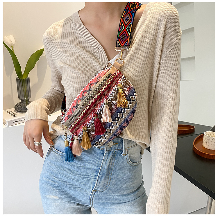 国潮民族风撞色流苏包包女新款编织个性复古彩带腰包斜挎详情18