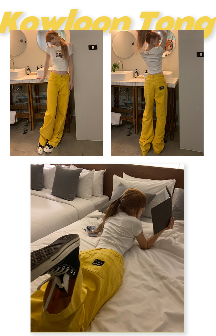 稚橘#刺绣标四色阔腿牛仔裤女高腰宽松显瘦个性时尚百搭拖地长裤详情20