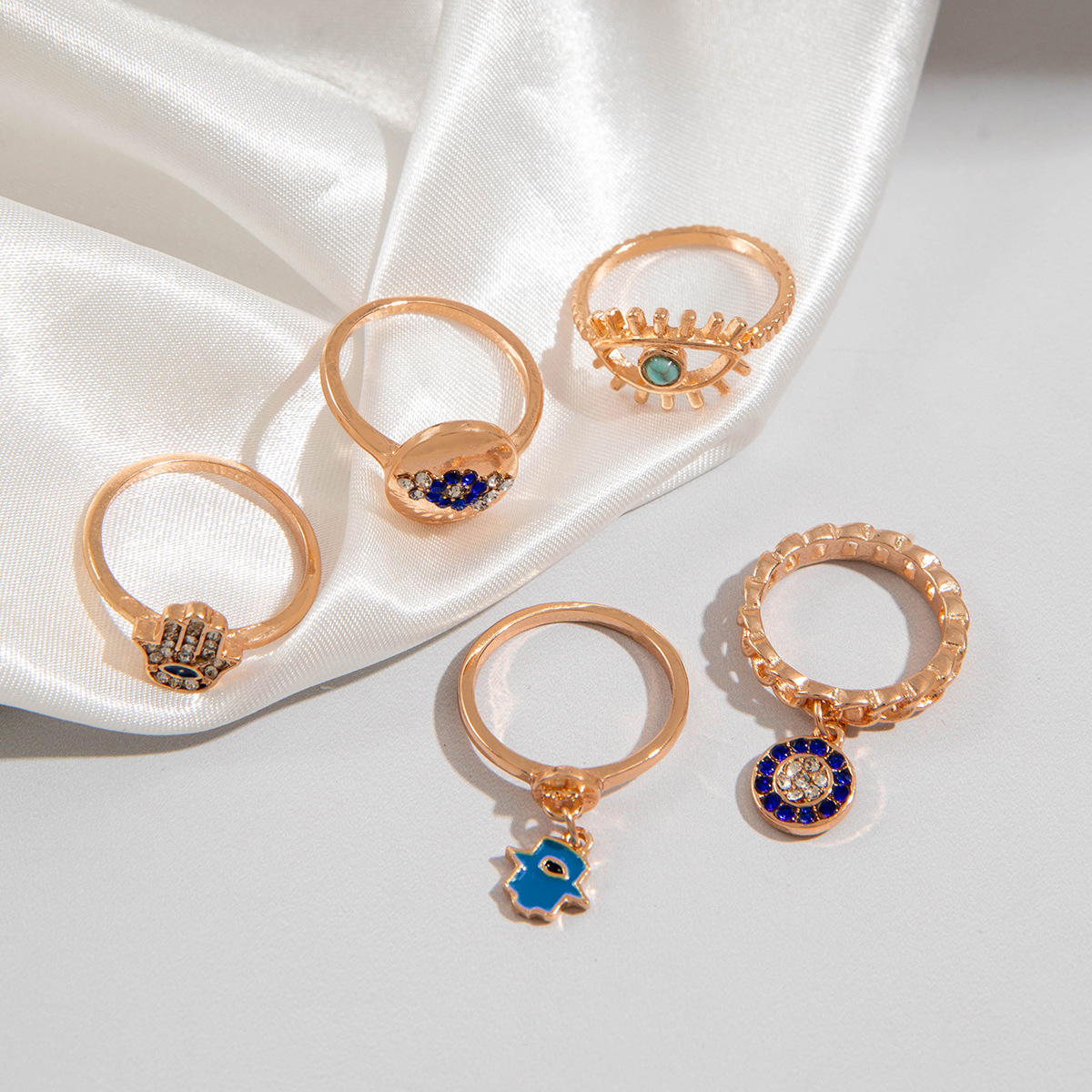 欧美跨境复古金属仿祖母绿镶钻戒指套装设计感爱心蛇形戒指套装女详情6