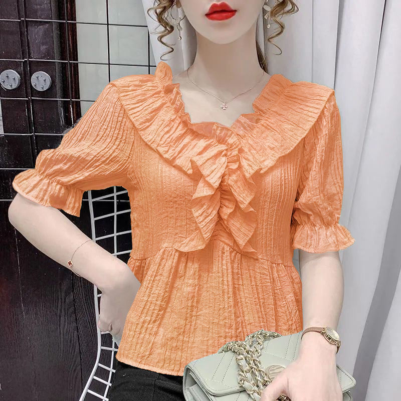 Summer new French V-neck bubble short-sleeved shirt for women, slimming, fashionable and elegant casual top for women chiffon pic 11