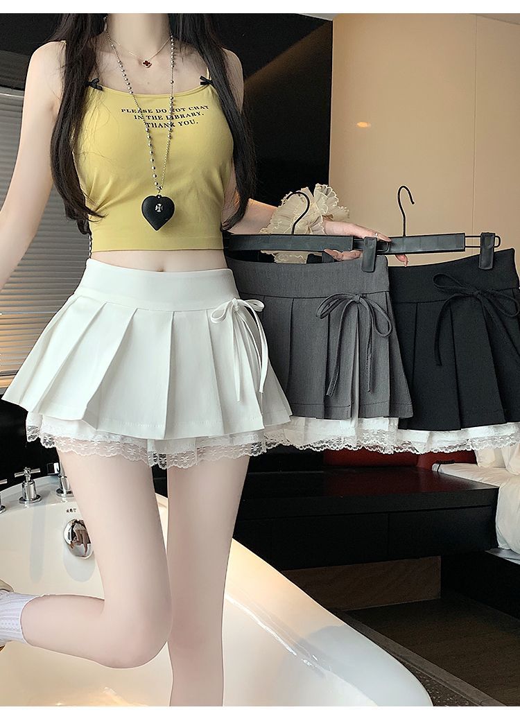 甜美纯欲风百褶半身裙女春夏新款蕾丝拼接蝴蝶结高腰防走光超短裙详情24