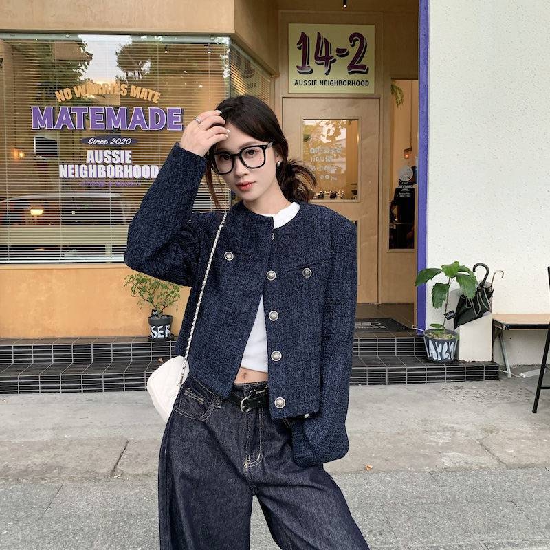 Navy blue short chanel-style coat for women, a new single-breasted retro high-end loose long-sleeved top for autumn and winter 2025 pic 6