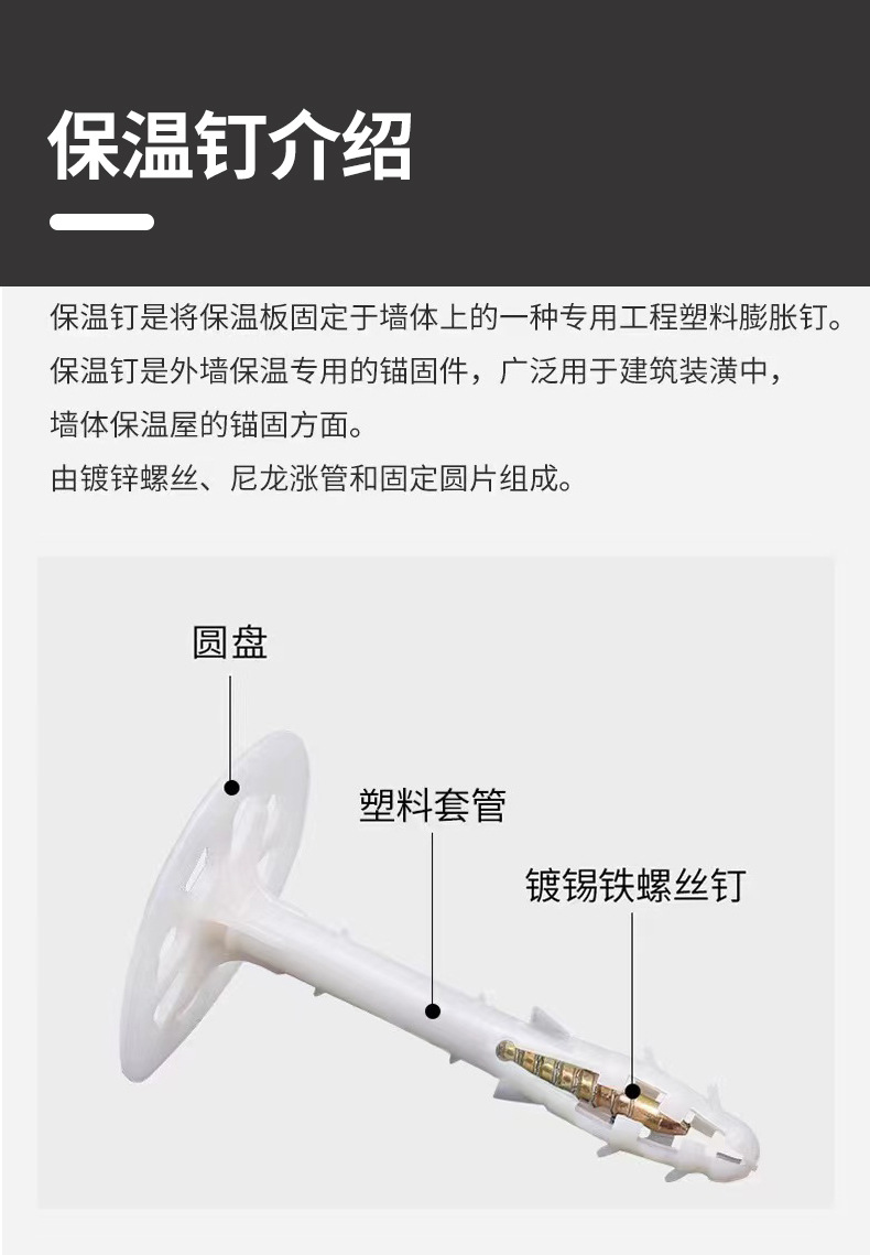 墙体膨胀钉外墙内墙保温板固定铝制保温钉锚固钉膨胀塑料保温钉详情2