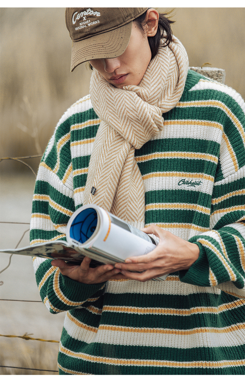 Retro color-blocking striped chunky knit sweater for both men and women, Japanese loose trendy round-neck knitted sweater jacket for autumn and winter pic 11